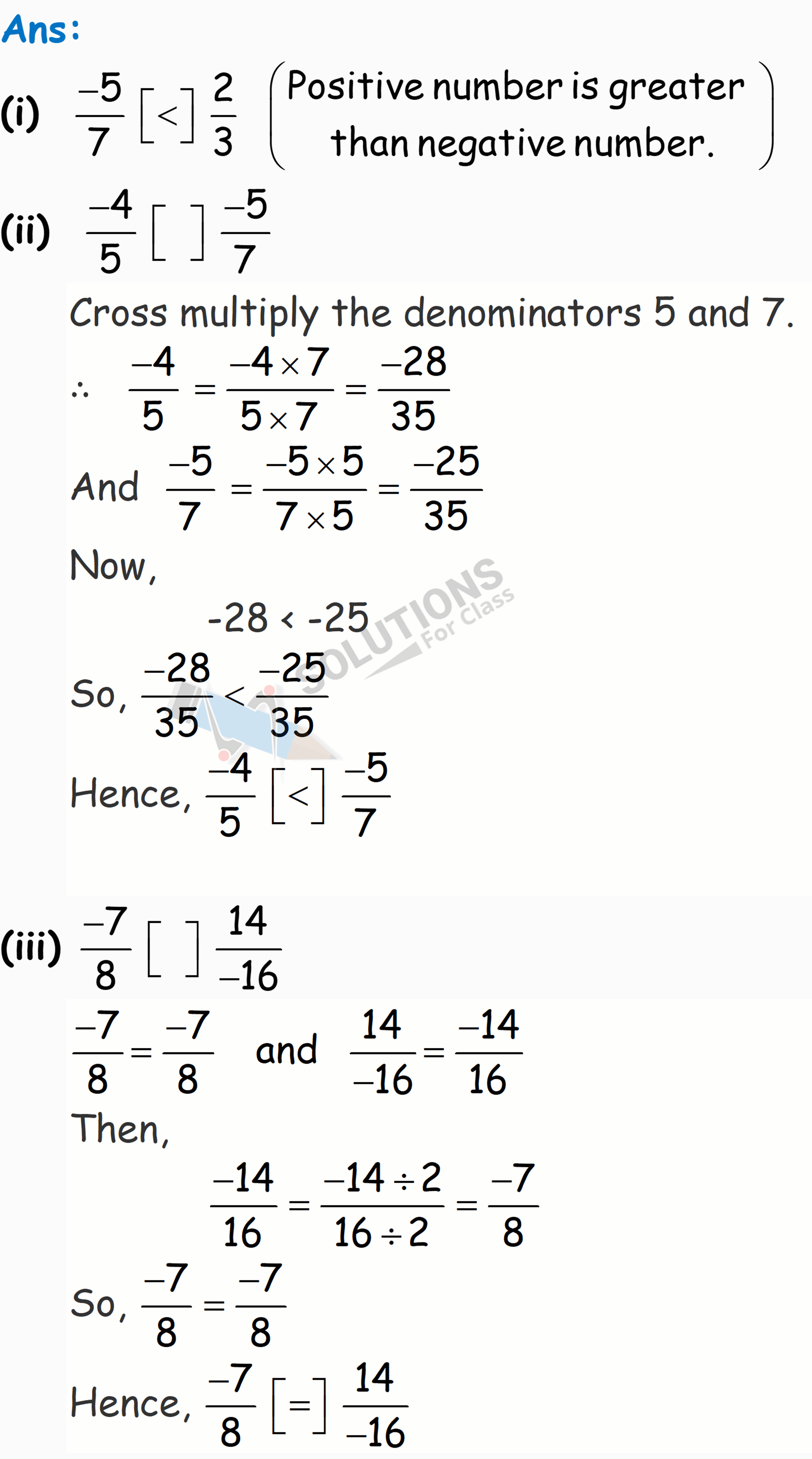 NCERT Solutions For Class 7 Maths Chapter 9, Rational Numbers, Exercise 9.1 Q.8 (i to iii)